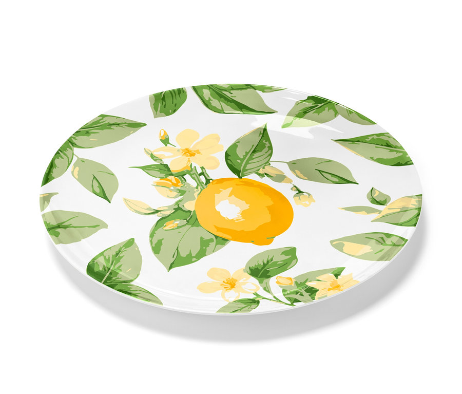 Ein Servierteller mit Zitronen-, Blumen- und Blättermuster.