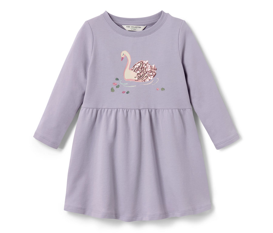Lila Kinder-Sweatkleid mit Schwan-Applikation mit Pailletten auf der Brust.