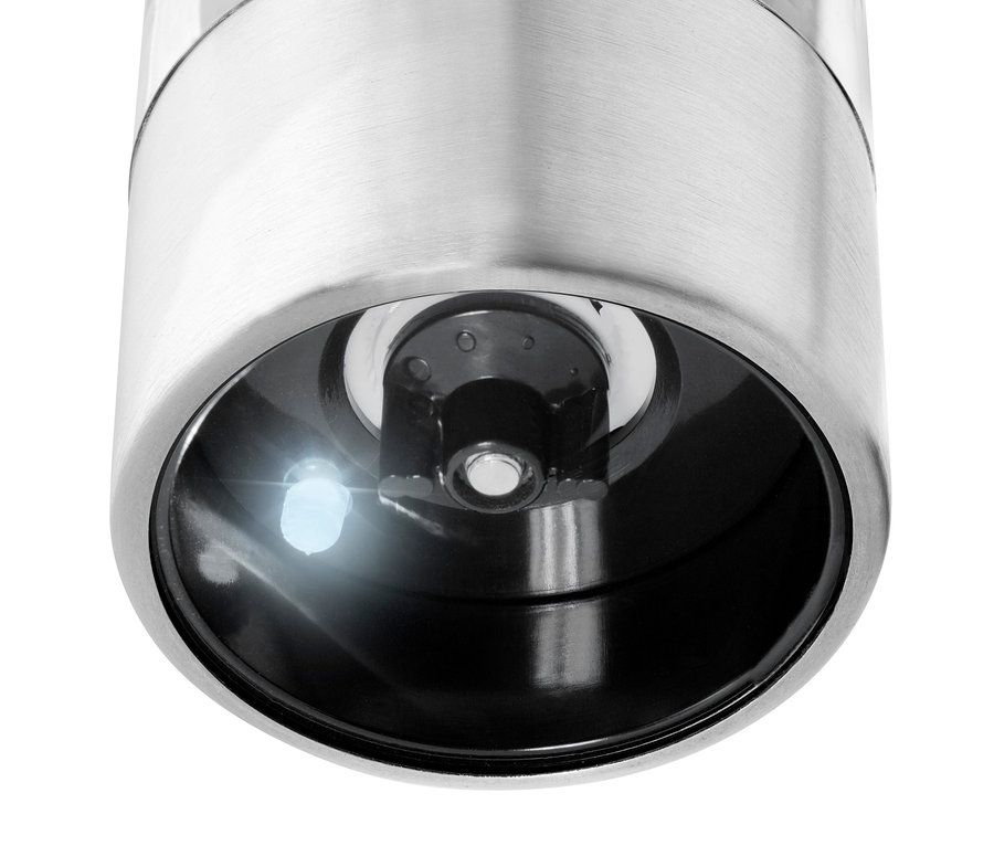 Detail einer ADE elektrischen Salz- und Pfeffermühle mit Beleuchtung.