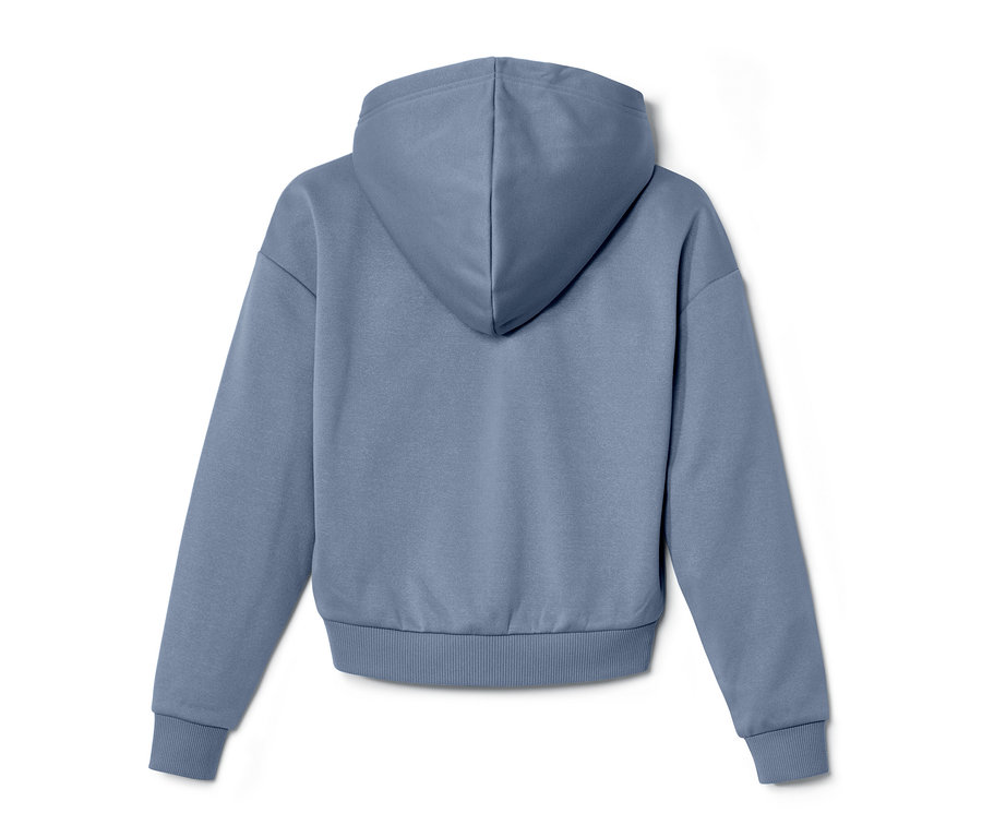 Blaue Kinder-Sportjacke mit Kapuze von hinten.