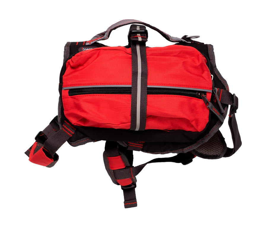 Ein roter und schwarzer Hunde-Rucksack mit Gurten auf einem weißen Hintergrund.