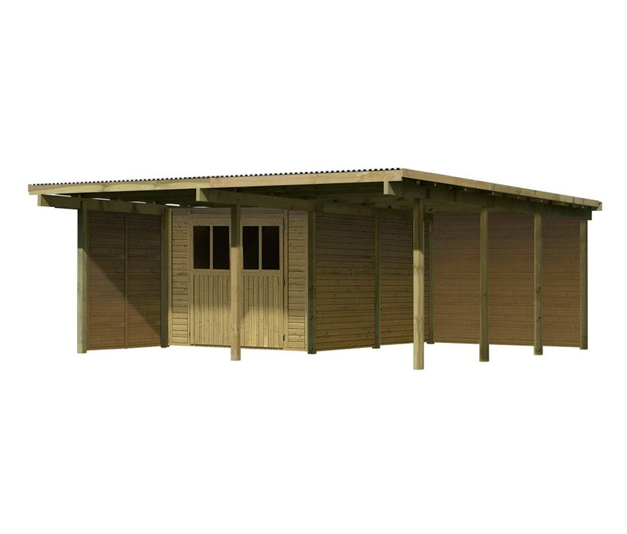 Illustration eines Karibu Carports mit Abstellraum, Seiten- und Rückwand, 19 mm, (Elco 2).