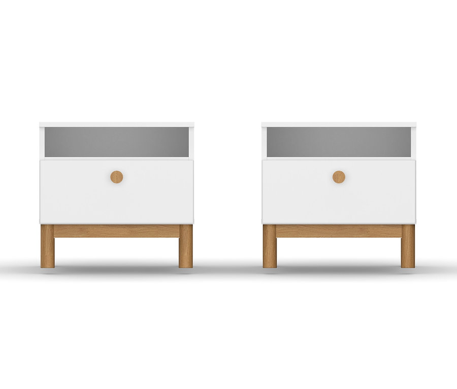Zwei rauch »Freyja« Nachttische in Alpinweiß stehen nebeneinander.