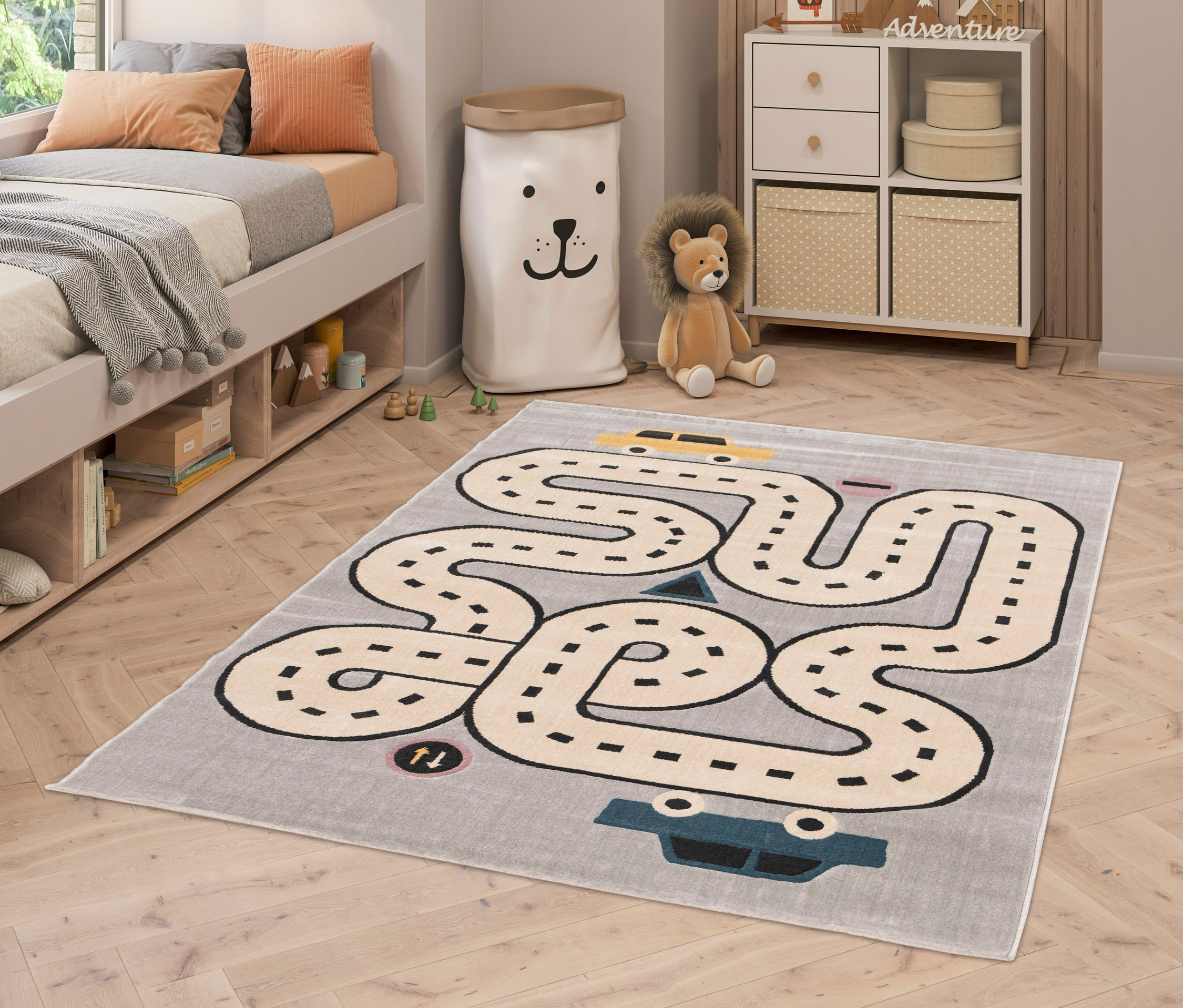 Kinderzimmer mit COCOON »Städte« Teppich, 120 x 170 cm, Bett, Kommode und Spielsachen.