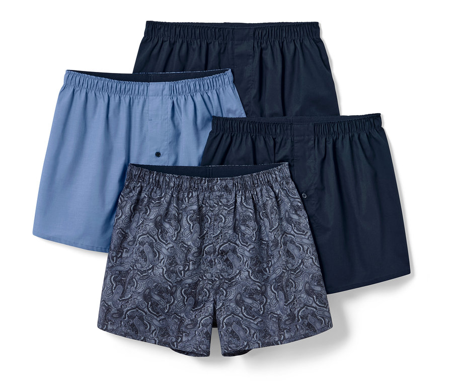 Vier Web-Boxershorts in verschiedenen Farben.