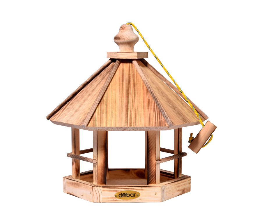 Holz-Vogelfutterhaus »Caliente« mit gelb-blauer Schnur.