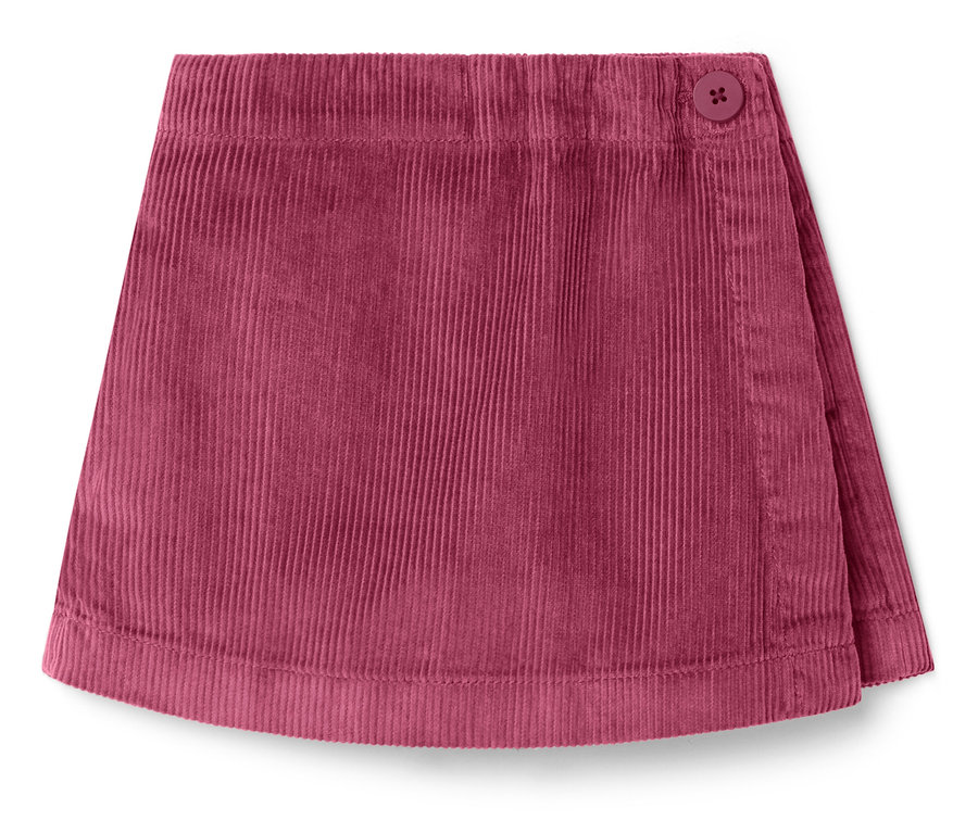 Ein burgunderroter Cordrock mit Knopf.