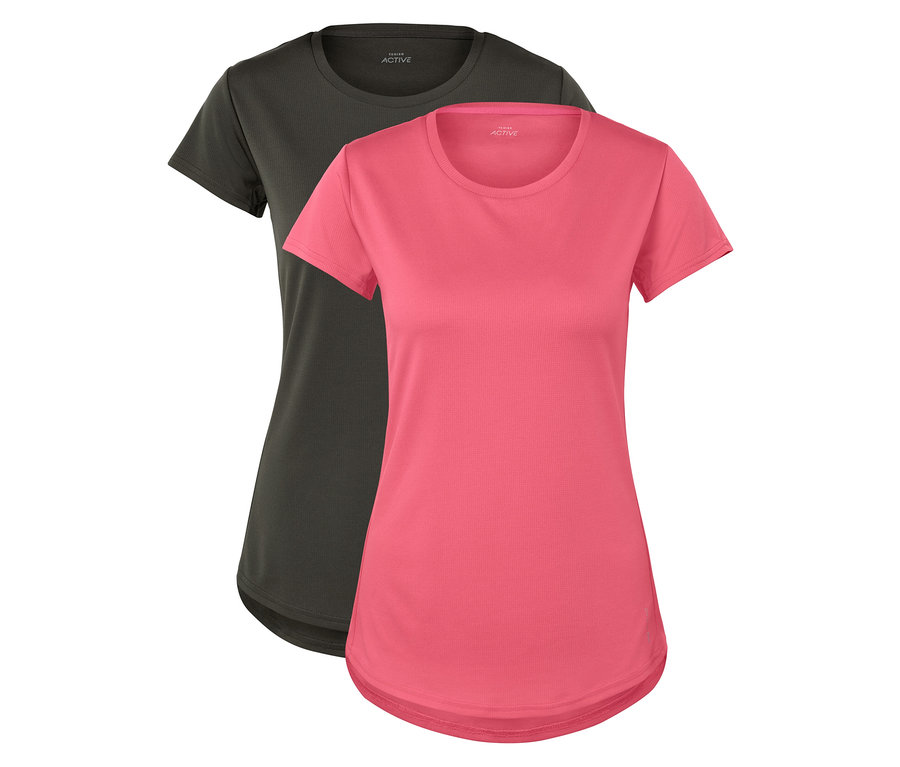 Zwei kurzärmelige Damen-T-Shirts, eines schwarz und eines pink, liegen nebeneinander.