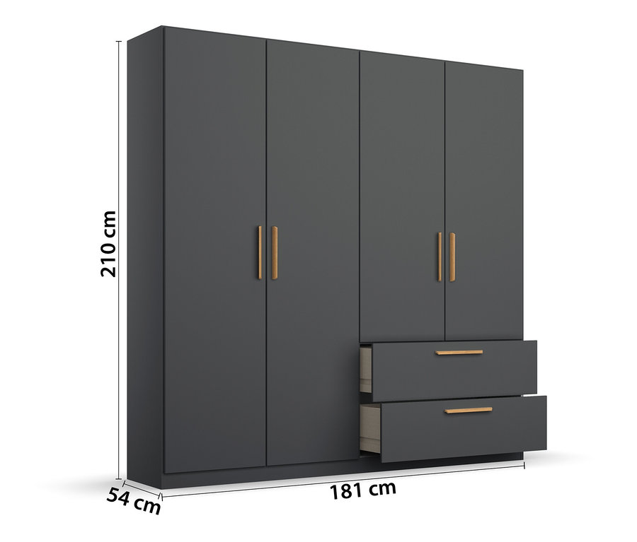 Grauer rauch Drehtürenschrank »Skandi«, 4-türig, mit Metallgriffen und zwei offenen Schubladen.