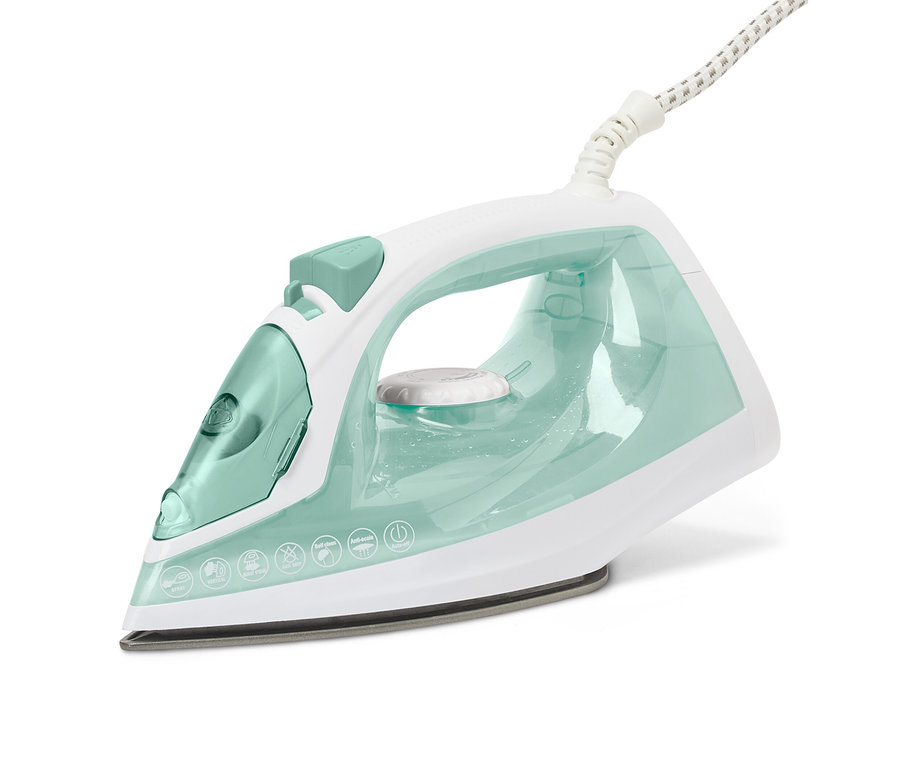 Ein weißes und hellgrünes Dampfbügeleisen.
