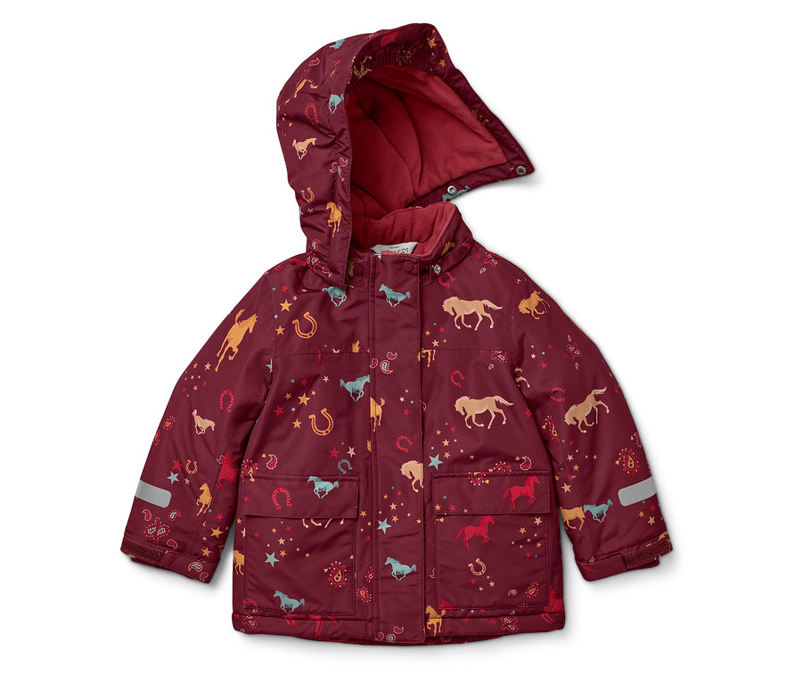 Weinrote Kinderjacke mit Kapuze, bedruckt mit Pferden, Sternen und Hufeisen.
