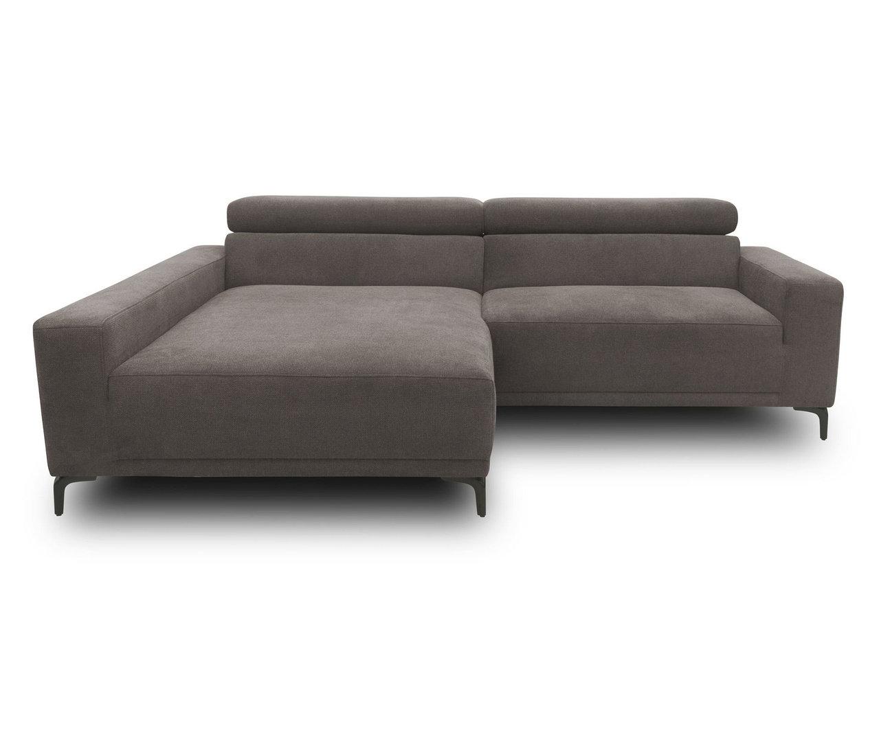 Graues DOMO Eck-Schlafsofa mit Hocker, linksbündig.