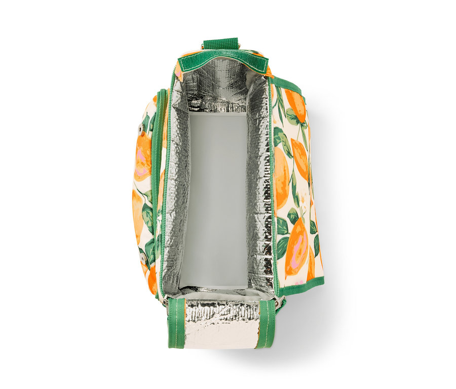 Offene Mini-Kühltasche mit Zitrusmuster.