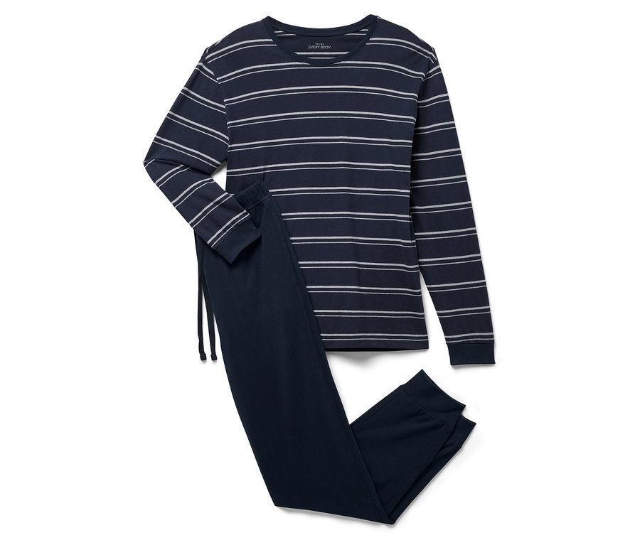 Blau gestreifter Schlafanzug mit langen Ärmeln und Hose.