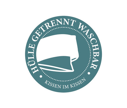 Ein Symbol mit einem Kissen und dem Text "HÜLLE GETRENNT WASCHBAR KISSEN IM KISSEN".