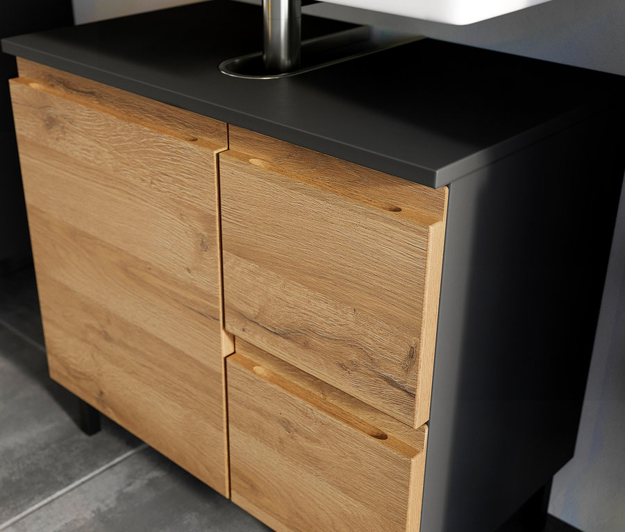 Detailansicht des kleinen Waschbeckenunterschranks »Salinas« in Graphit/Eiche.