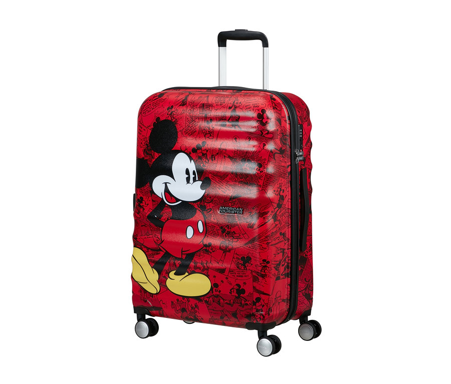 Roter American Tourister Wavebreaker »Mickey Mouse«, mittelgroß mit Mickey Maus Abbildung.