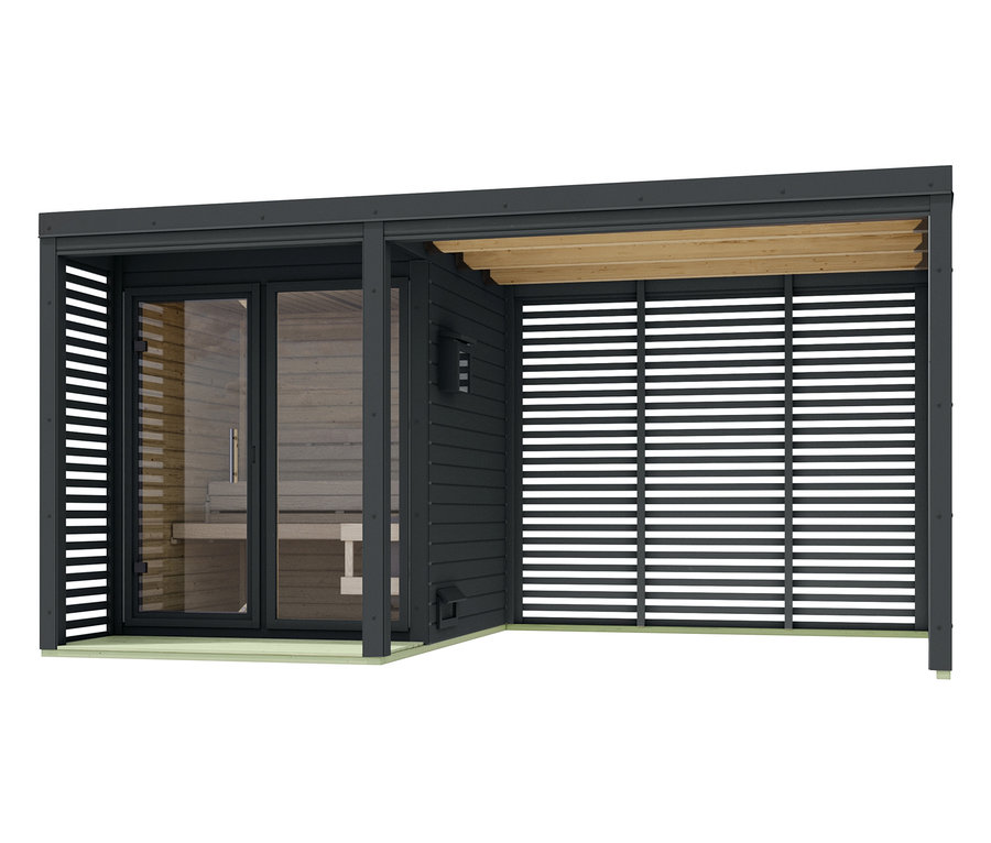 Schwarze Sauna mit Pergola und Lamellenwänden.