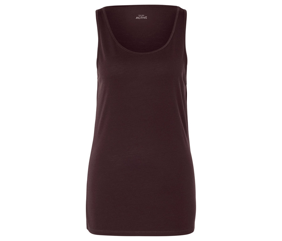 Ein dunkellila Tanktop auf einem weißen Hintergrund.