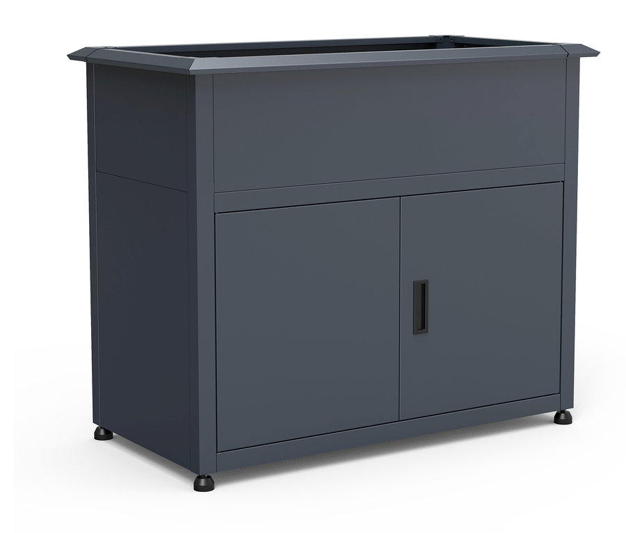 Grauer Unterschrank mit zwei Türen und einem schwarzen Griff.