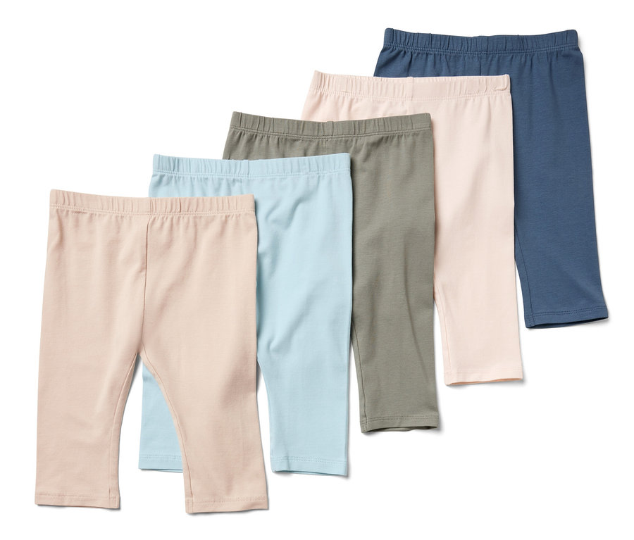 Fünf Kinder-3/4-Leggings in verschiedenen Farben.