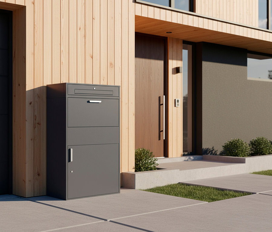 Eine graue Paketbox XXL steht vor einem modernen Haus mit Holzwand und einer braunen Haustür.