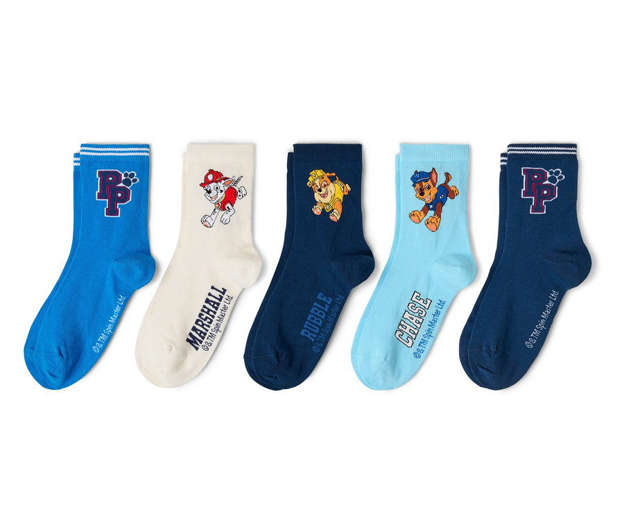 Fünf Socken liegen nebeneinander: eine blaue Socke mit Streifen und Paw Patrol-Logo, eine cremefarbene Socke mit Marshall, eine marineblaue Socke mit Rubble, eine hellblaue Socke mit Chase und eine marineblaue Socke mit Streifen und Paw Patrol-Logo.