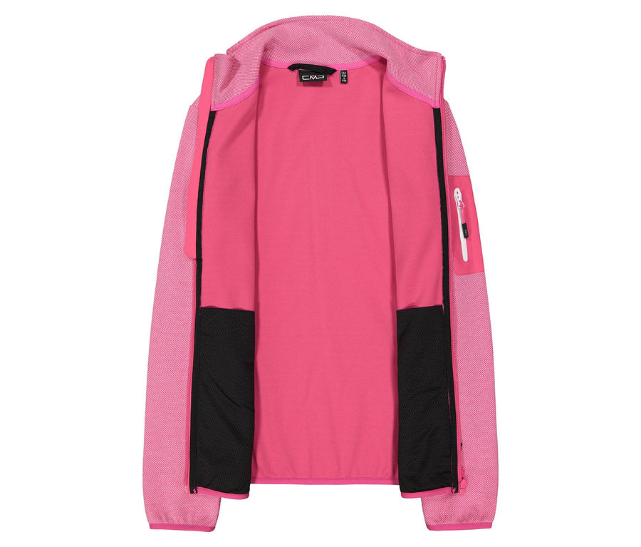 Offene, pinkfarbene CMP Fleecejacke mit Kapuze und schwarzen Taschen.