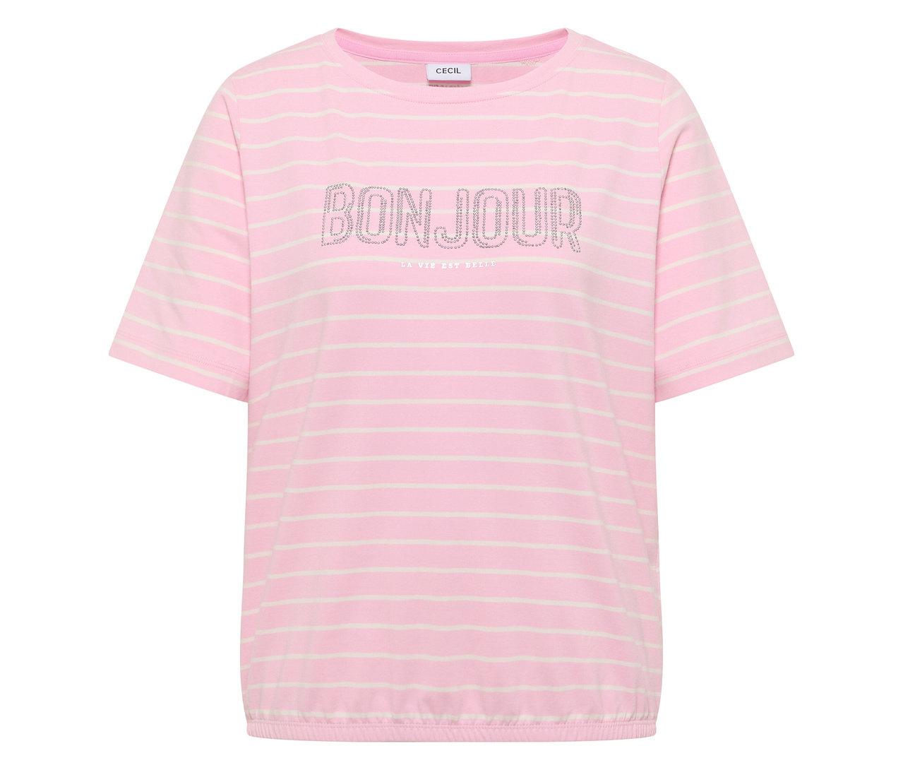 Rosa-weiß gestreiftes CECIL Shirt mit kurzem Arm und "Bonjour"-Schriftzug.