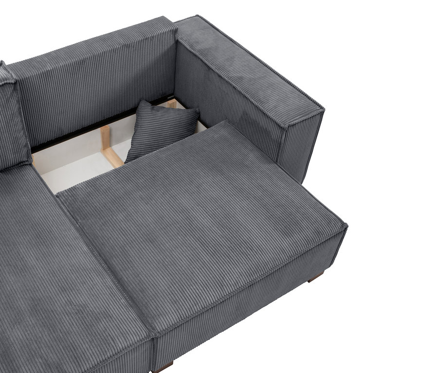 Graues Cord-Ecksofa mit offenem Stauraum und Kissen.