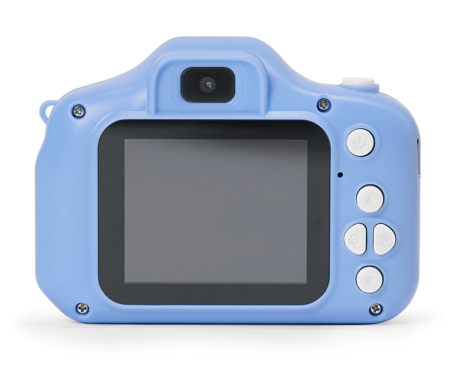 Rückansicht einer hellblauen Kinderkamera mit schwarzem Bildschirm und weißen Tasten vor einem weißen Hintergrund.