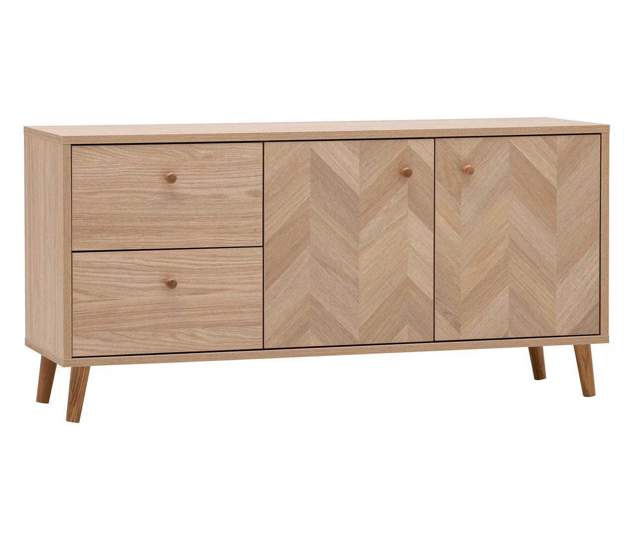 Ein Sideboard aus hellem Holz mit zwei Schubladen links und zwei Türen rechts mit Fischgrätenmuster.