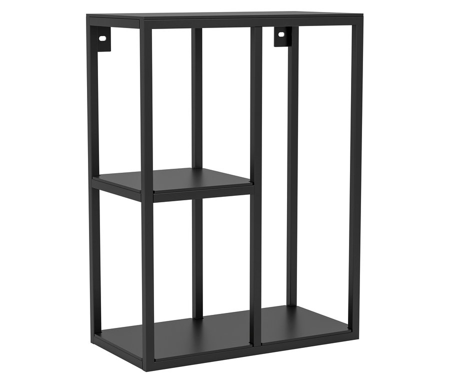 Schwarzes Wandregal mit drei Ebenen.