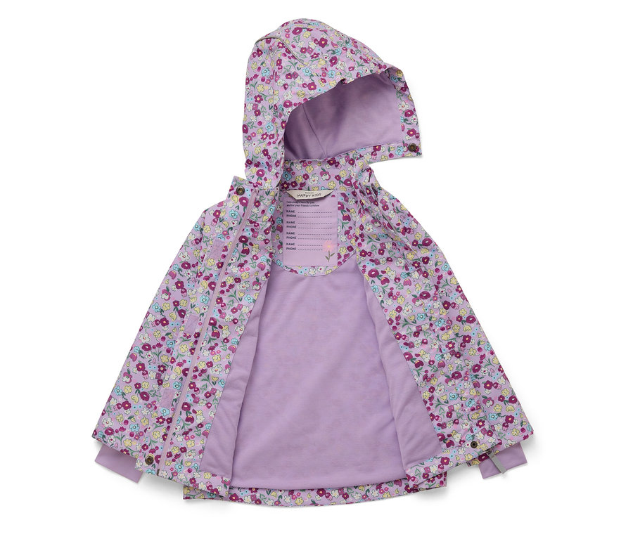 Geöffnete, lila Kinderjacke mit Blumenmuster und Kapuze.