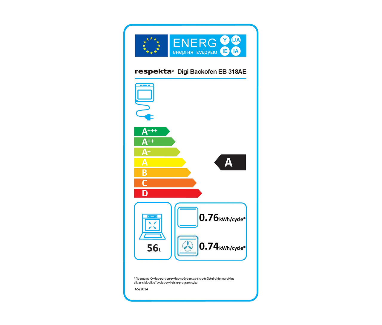 Energielabel für den Respekta Digi Backofen EB 318AE mit der Energieeffizienzklasse A.