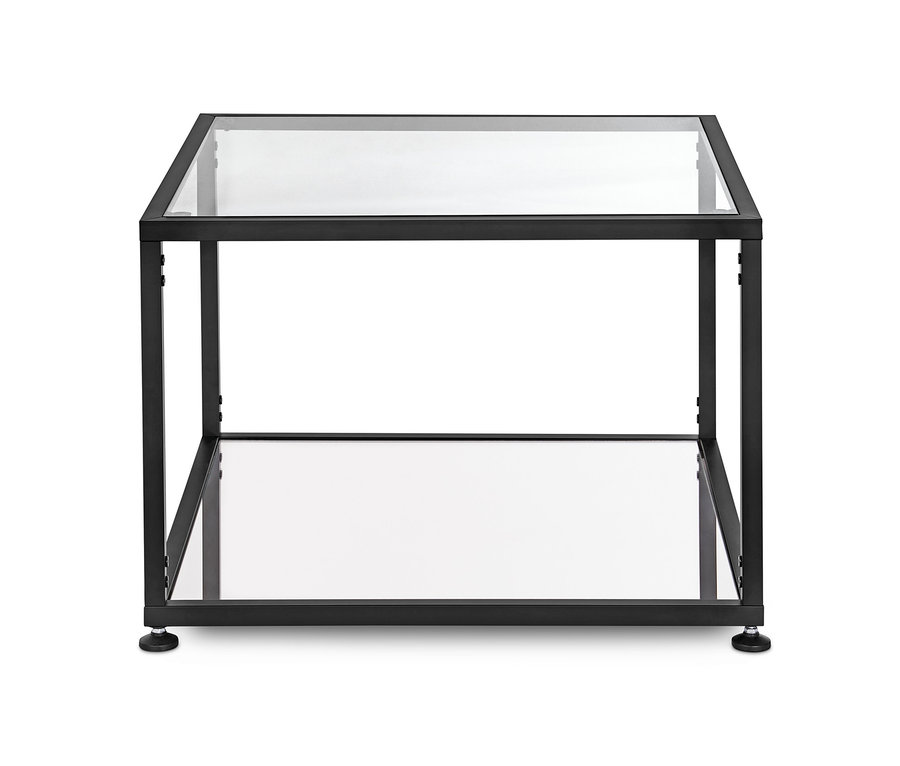 Schwarzer Couchtisch mit Glasplatte.