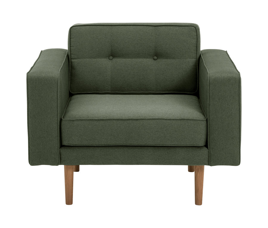 Grüner Sessel »Jules« mit Knöpfen und Holzbeinen.