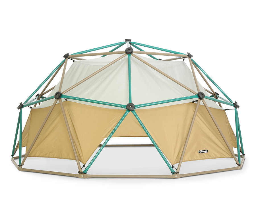 Lifetime-Klettergerüst »Geodome« mit Zelt, bestehend aus beigen, türkisfarbenen und schwarzen Rohren, Zeltplane in Beige und Weiß.