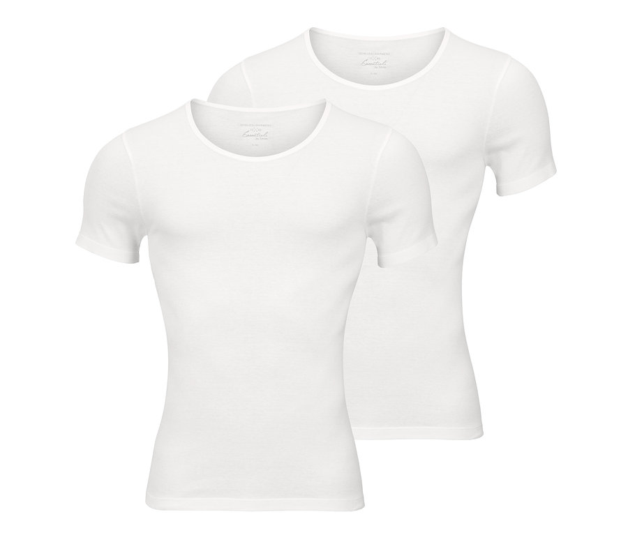 Zwei weiße Qualitäts-Feinripp-Unterhemden mit kurzem Arm.