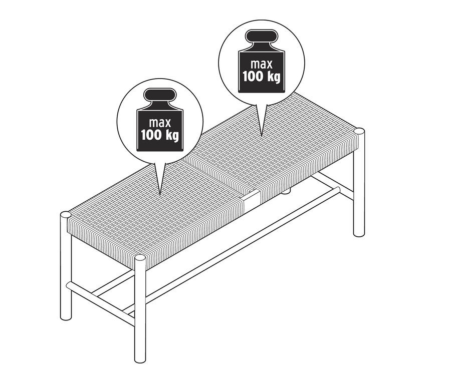 Illustration einer geflochtenen Bank mit einem maximalen Gewicht von 100 kg.