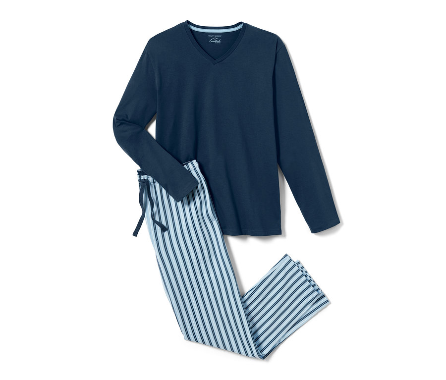 Marineblauer Pyjama mit langen Ärmeln und gestreifte Pyjamahose.