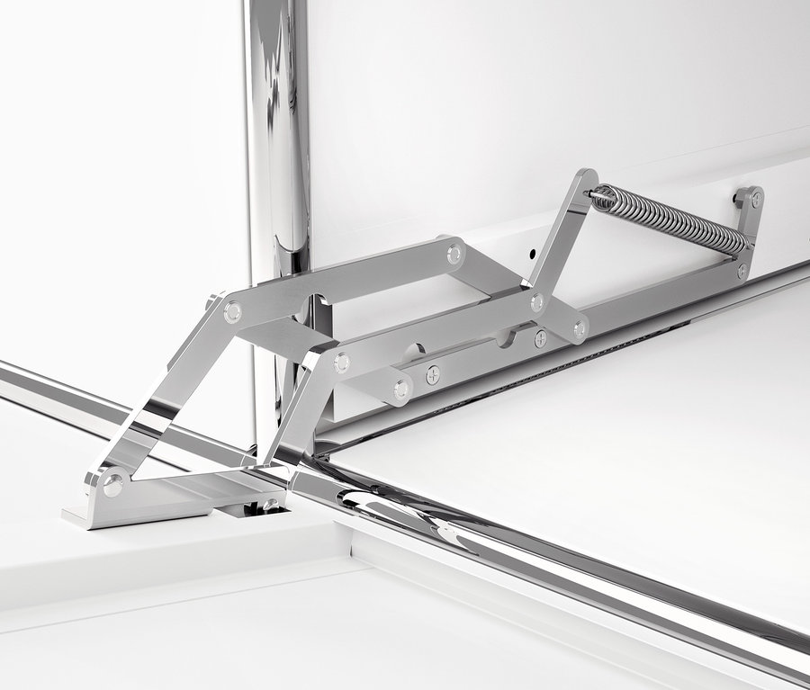 Detailansicht eines weißen CN3 Metall Schranks mit Klappfächern und Metallmechanismus.
