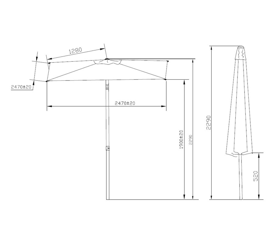 Diagramme zeigen die Abmessungen und Details des hellgrauen Leco Marktschirms.