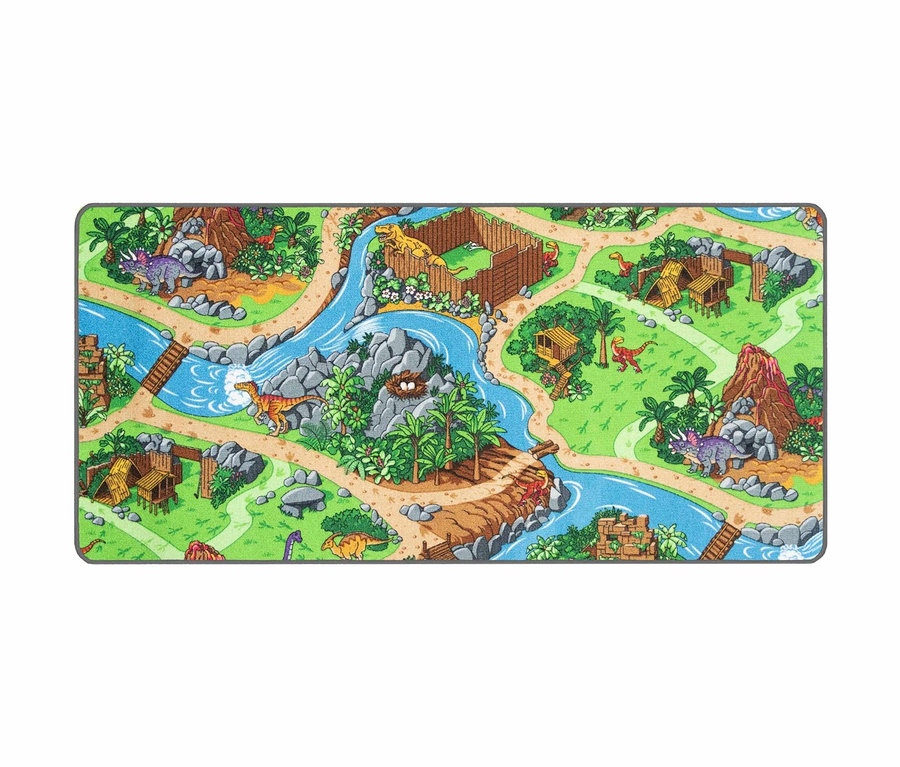 Kinderteppich "DINO" mit Dinosauriern, Flüssen und prähistorischer Landschaft.