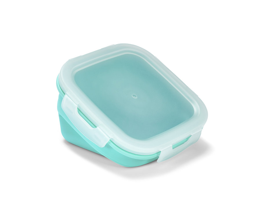 Nahaufnahme einer einzelnen, blaugrünen Frischhaltedose mit transparentem Deckel.