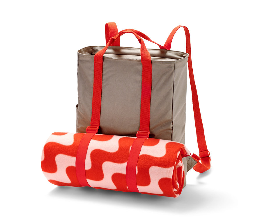 Picknickrucksack mit zusammengerollter, rot gemusterter Decke, die mit roten Riemen befestigt ist.
