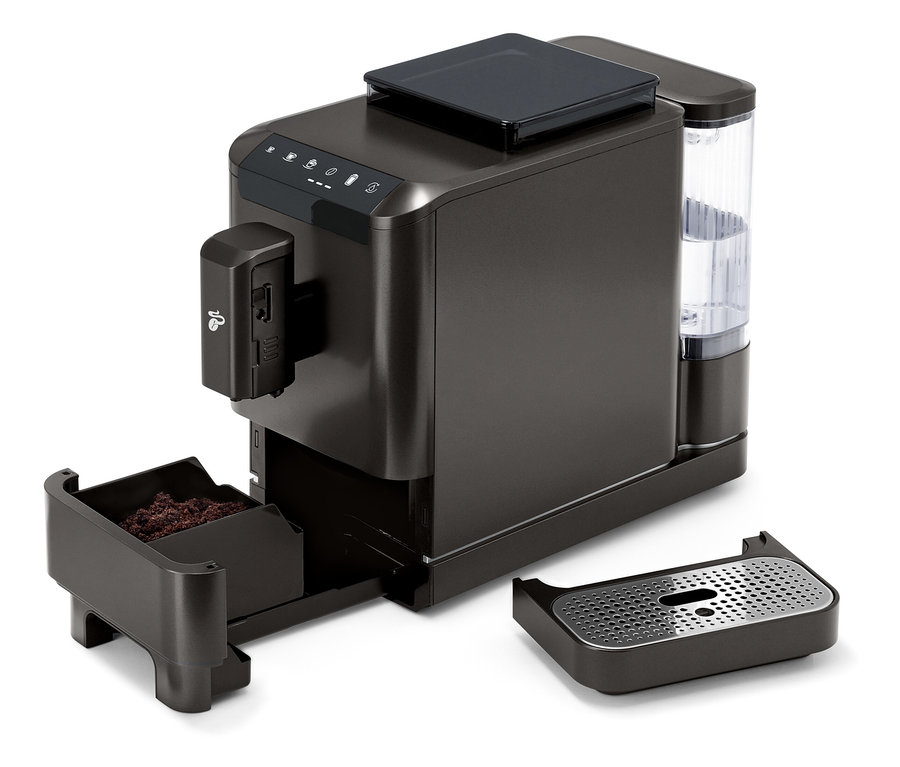 »Esperto 2 Milk« Granite Black Kaffeemaschine mit abnehmbarer Tropfschale und Kaffeesatzbehälter.