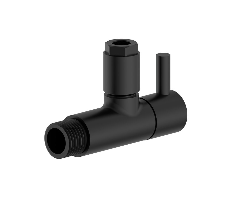 Detailansicht eines schwarzen KIRCHHOFF MS Eckventils mit Rosette vor weißem Hintergrund.