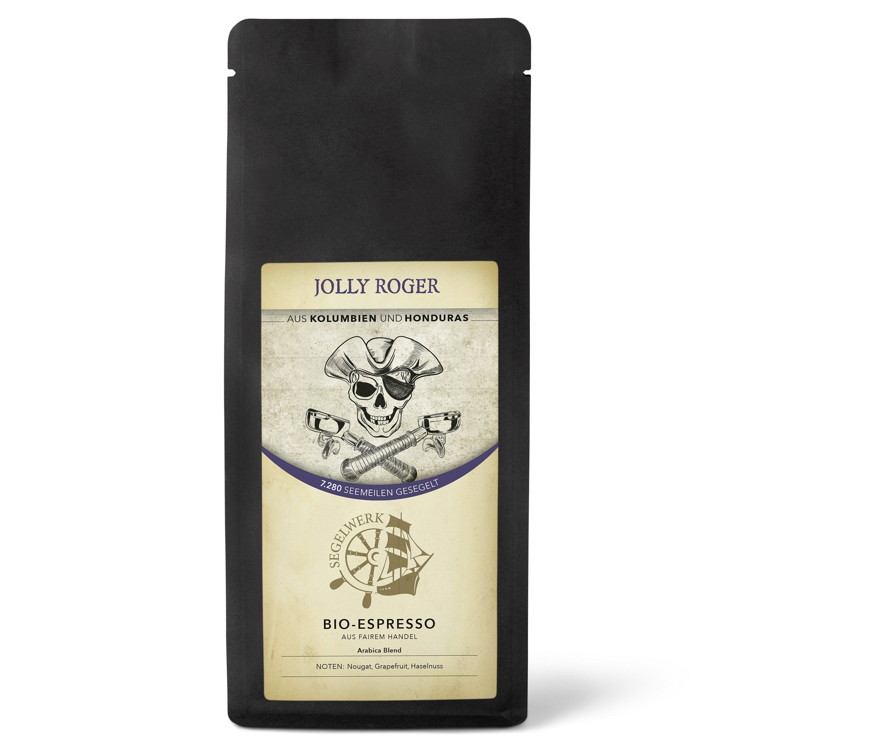 Eine Packung Segelwerk - Jolly Roger Espresso Bio - 250 g Ganze Bohne.
