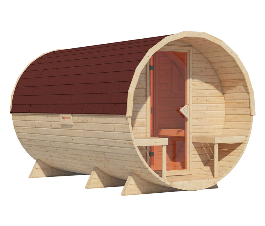 Illustration einer Karibu Fasssauna »Nadi 3« mit braunem Dach und Glastür.